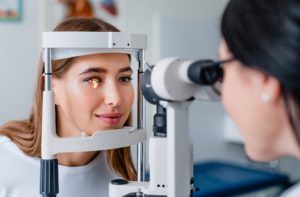 Adult woman getting her regular eye exam from her optometrist