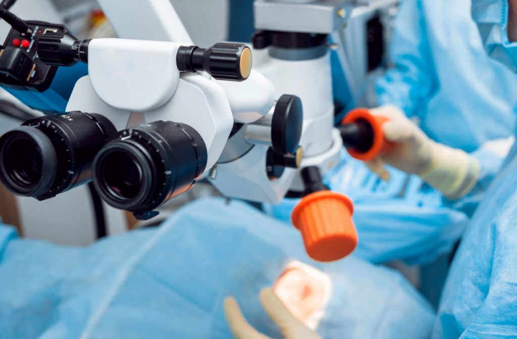 A surgeon prepares for cataract surgery on a patient's eye