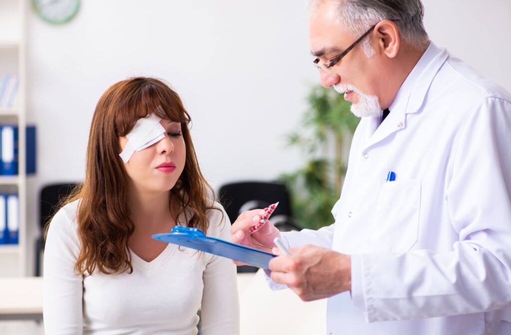 An eye doctor explains the aftercare instructions to their patient following a laser eye surgery procedure.