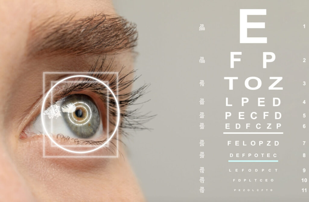 “Close-up of an eye with digital targeting graphics over the iris, shown beside a visual acuity chart used during an eye exam.