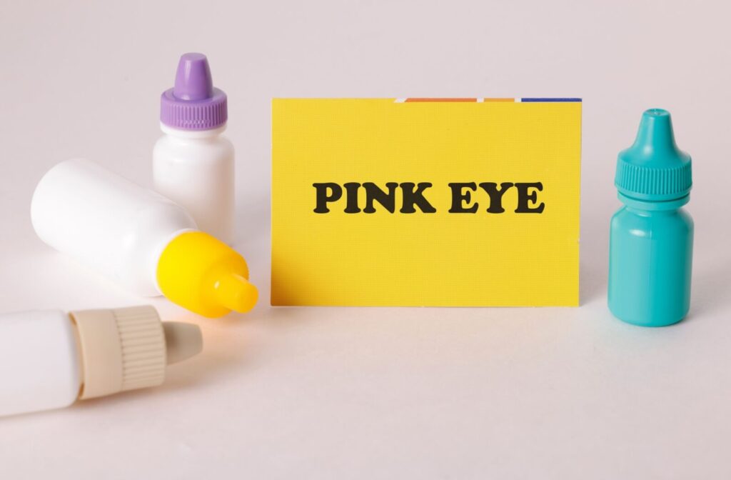 A yellow card with the text "PINK EYE" surrounded by several small bottles of medicinal eye drops on a white surface.