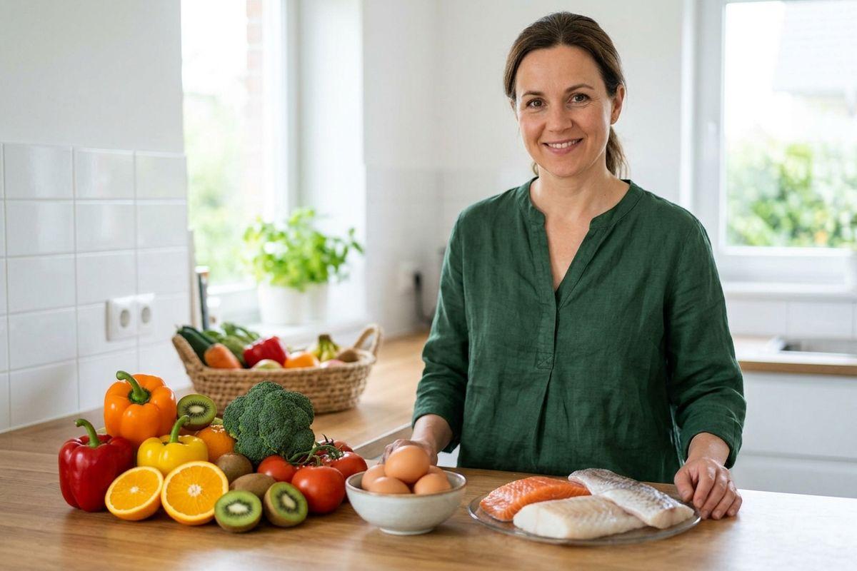 Smiling adult standing at a kitchen counter with fresh vegetables, fruit, eggs, and raw fish fillets displayed on the surface.