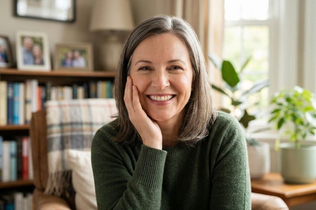 Smiling adult with gray-streaked hair resting chin on hand, seated in a home living room with bookshelves and plants in background.