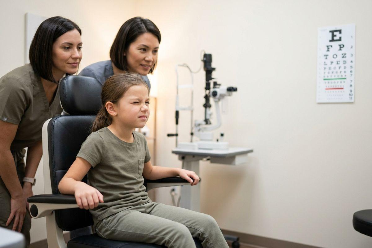 A child squinting in an exam chair reading an eye chart, with two optometrists watching in an eye exam room.