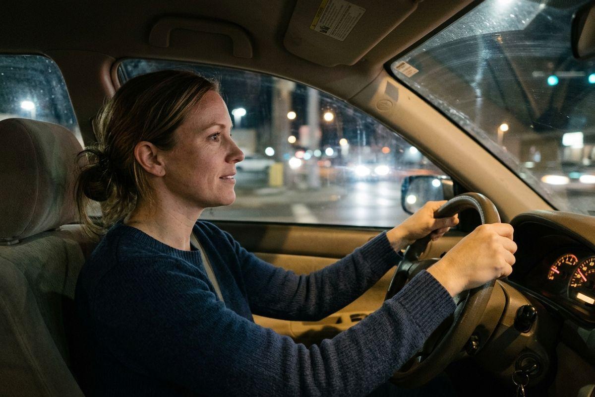 Adult driving a car at night through an urban street, hands on the steering wheel, looking ahead with a slight smile.