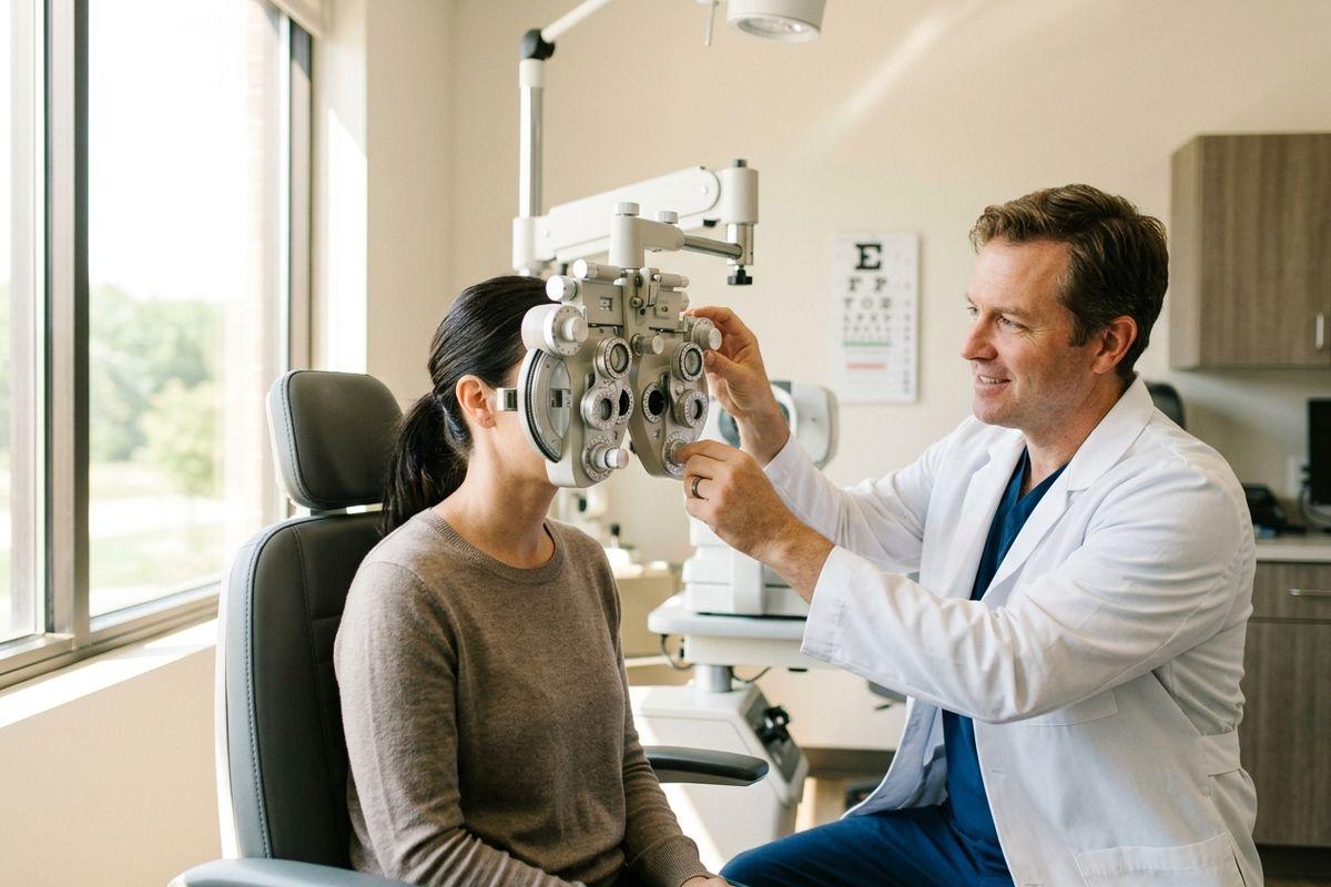 An Ootometrist adjusts a phoropter during an eye exam as a patient looks through it in a bright exam room.