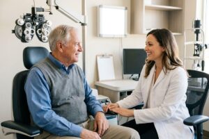 Smiling optometrist talks with an older adult seated in an exam chair, with a phoropter visible in the background.