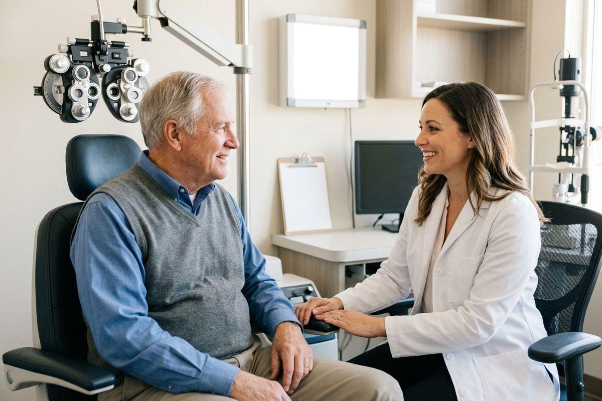 Smiling optometrist talks with an older adult seated in an exam chair, with a phoropter visible in the background.