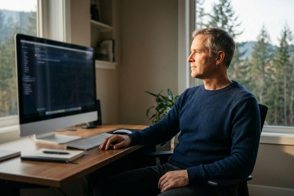 A person in a blue sweater at a desk with a computer, looking out a window overlooking trees.
