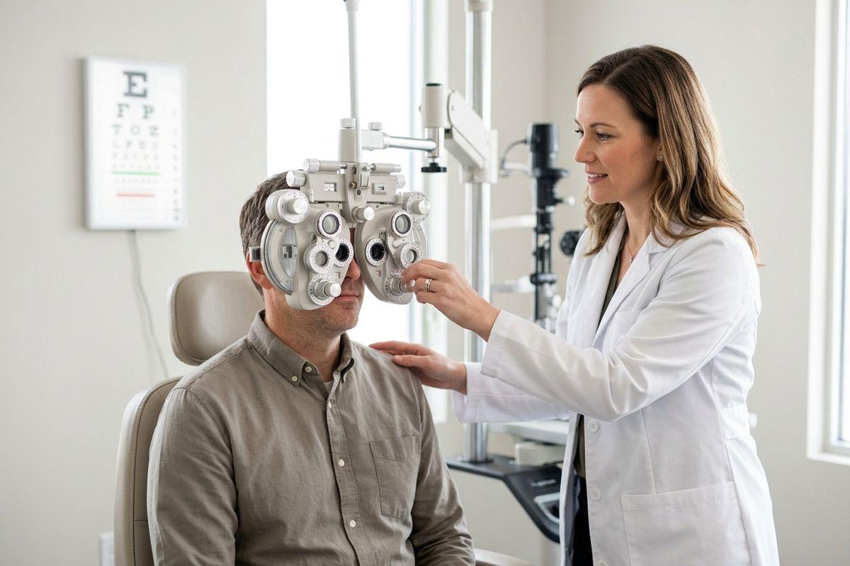 An optometrist adjusting a phoropter as a seated patient looks through it during an eye exam, with an eye chart on the wall.