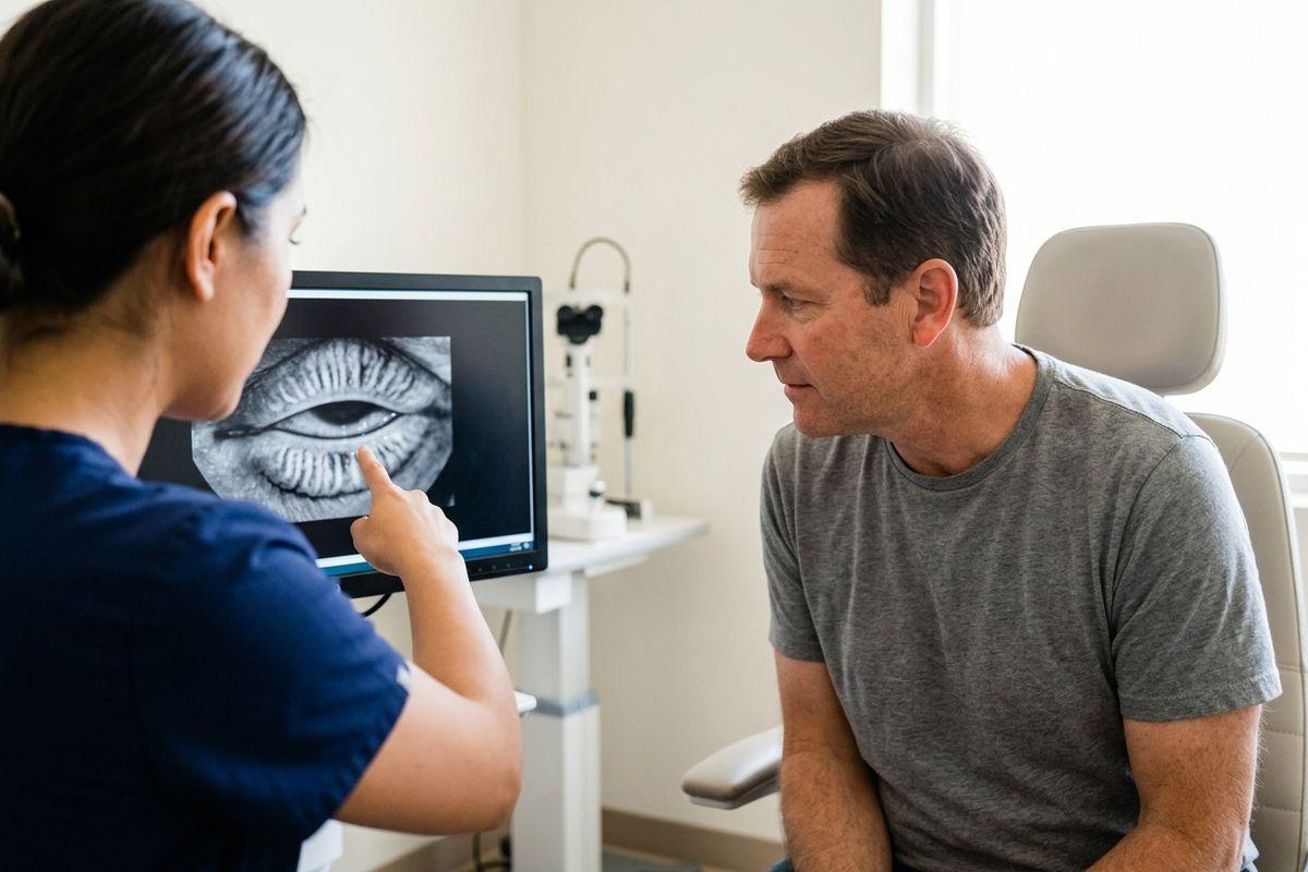 An optometrist pointing at a close-up eye scan on a monitor while a seated adult patient looks on attentively in an eye clinic.