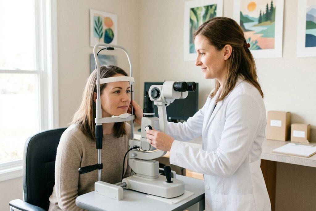 An optometrist uses a slit lamp to examine a seated patient's eye in an eye exam room.