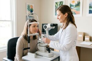 An optometrist uses a slit lamp to examine a seated patient's eye in an eye exam room.