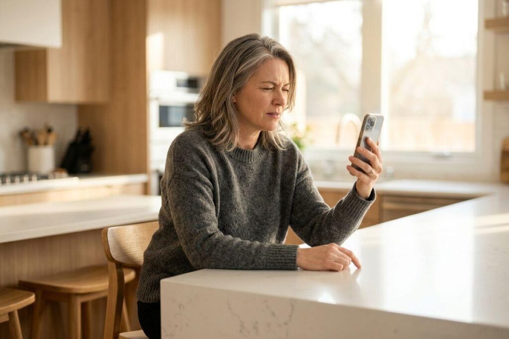 An adult squinting at a smartphone while leaning on a kitchen counter, looking concerned.