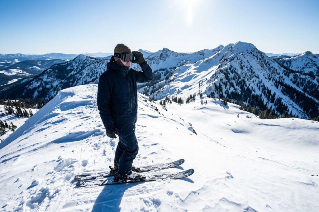 Person on skis standing on a snowy mountain summit, adjusting goggles, with a panoramic view of snow-covered peaks behind them.