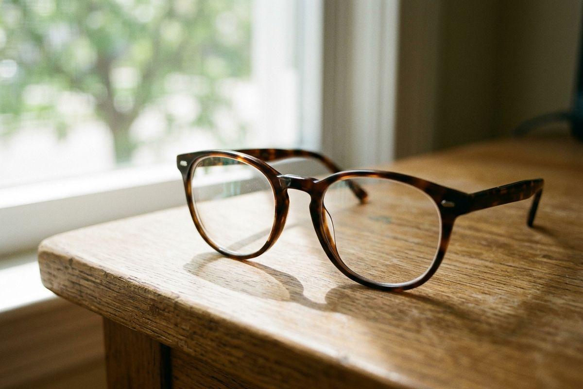 Tortoiseshell-framed eyeglasses resting on a wooden surface near a sunlit window with blurred greenery outside.