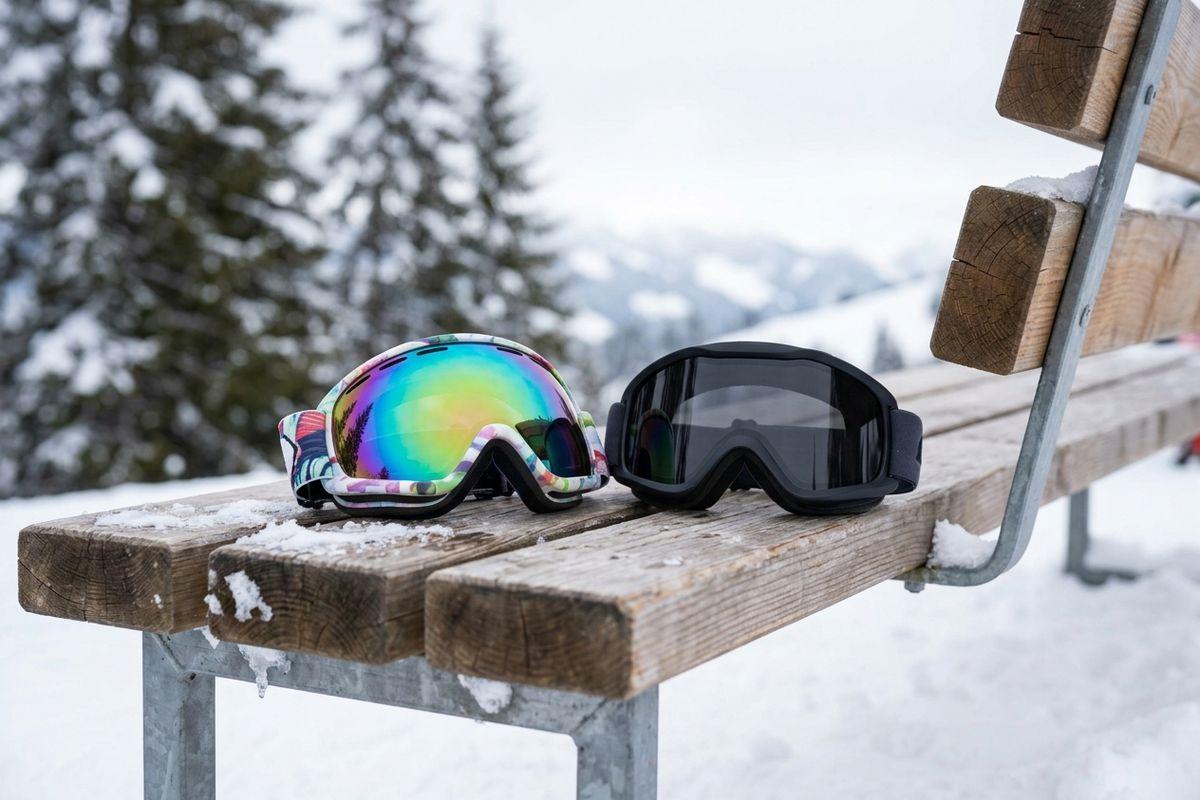 Two pairs of ski goggles, one with a colorful mirrored lens and one black, on a snowy wooden bench with snow-covered pine trees and mountains behind.